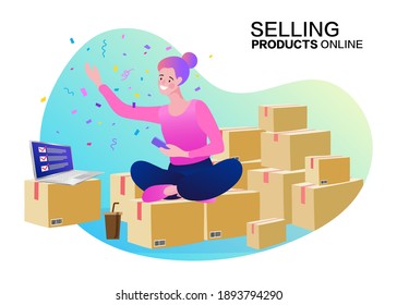 Delivery service isometric concept. woman check order from laptop. Freelance woman seller check product order. Online Selling. Online Shopping. Vector.