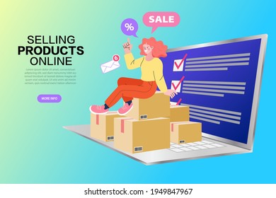 Delivery service isometric concept. woman check order from laptop. Freelance woman seller check product order. Online Selling. Online Shopping. Vector.