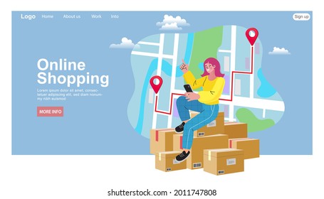 Delivery service isometric concept. woman check order from mobile. Freelance woman seller check product order. Online Selling. Online Shopping. Vector.