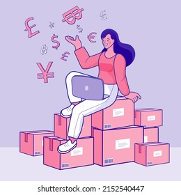 Delivery service isometric concept. woman check order from laptop. Freelance woman seller check product order. Online Selling. Online Shopping. Vector outline .