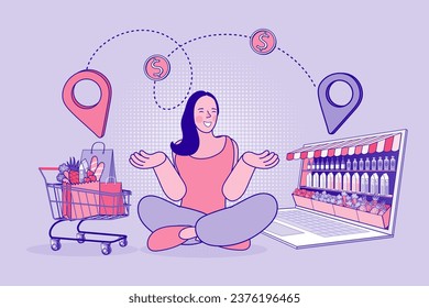 Delivery service isometric concept. woman check order from laptop. Freelance woman seller check product order. Online Selling. Online Shopping. Vector.