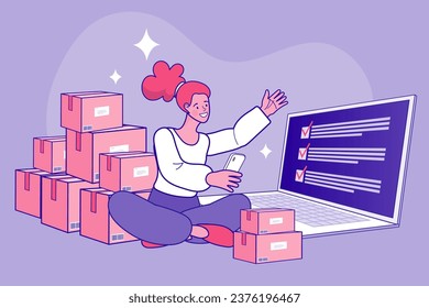 Delivery service isometric concept. woman check order from laptop. Freelance woman seller check product order. Online Selling. Online Shopping. Vector.