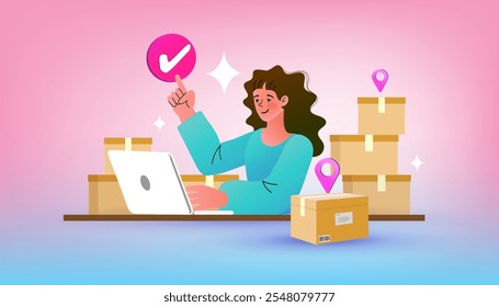 Serviço de entrega conceito isométrico. mulher ordem de verificação do laptop. Freelance mulher vendedor verificar pedido de produto. Vendas on-line. Compras on-line. Vetor.