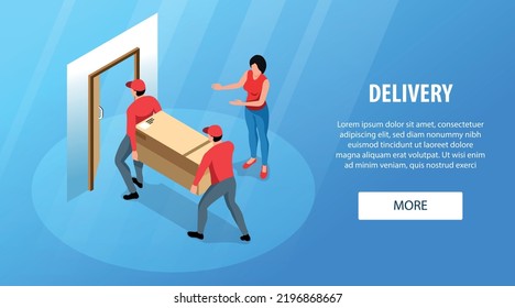 Delivery service isometric horizontal website banner with customer and couriers delivering heavy parcel in cardboard box 3d vector illustration