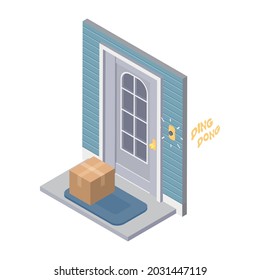 Delivery Service Isometric Icon With Cardboard Box Near Front Door And Ringing Bell 3d Vector Illustration