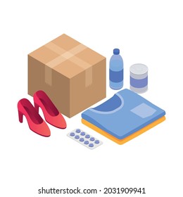 Delivery service isometric icon with cardboard box and various goods 3d vector illustration