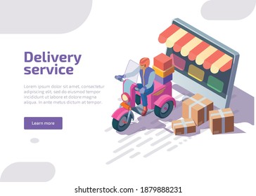 Delivery service isometric landing page. ourier on motorcycle delivers boxes, postal parcels, purchases from e-commerce website. Online application for courier driver service, 3d vector web banner.