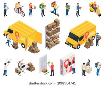 Delivery service isometric set of isolated icons characters of couriers workers clients and vans with parcels vector illustration