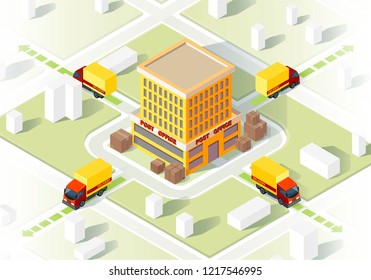 Delivery service isometric vector illustration. Parcel transportation map. Cargo and freight shipment. Logistic and distribution. Delivery van routes. Post office 3d concept. Website, app design