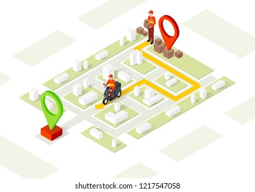 Delivery service isometric vector illustration. Parcel transportation map. Scooter delivery. Motorcycle shipping destination. Logistic and distribution 3d concept. Website, app design