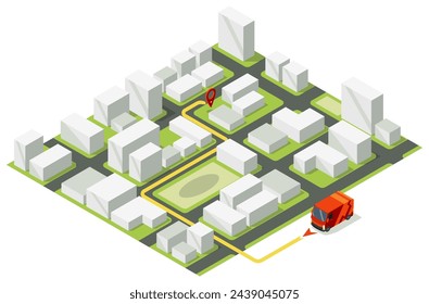 Delivery service isometric vector illustration. Parcel transportation map. Truck delivery. Shipping destination. Logistic and distribution 3d concept. Website, app design