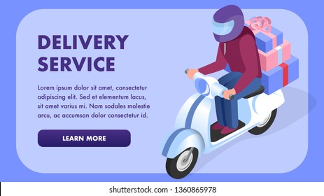 Delivery Service Isometric Web Banner Template. Goods Transportation Conditions Website Typography with Text Space. Fast, Express Gifts, Presents Delivery. Cartoon Scooter Courier Flat Illustration