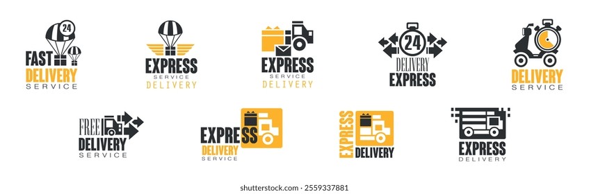 Delivery Service Label and Logo Black and Yellow Design Vector Set