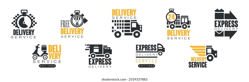 Delivery Service Label and Logo Black and Yellow Design Vector Set