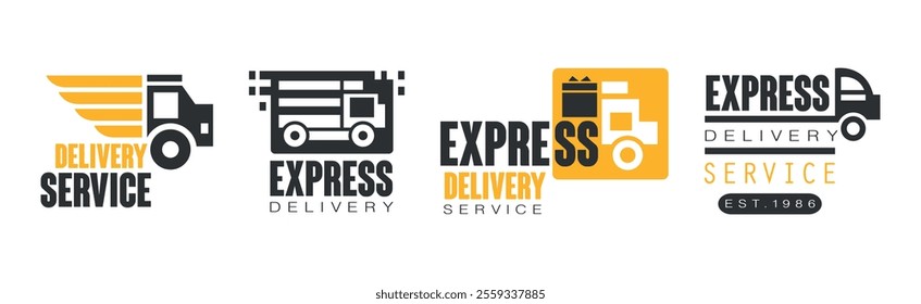 Delivery Service Label and Logo Black and Yellow Design Vector Set