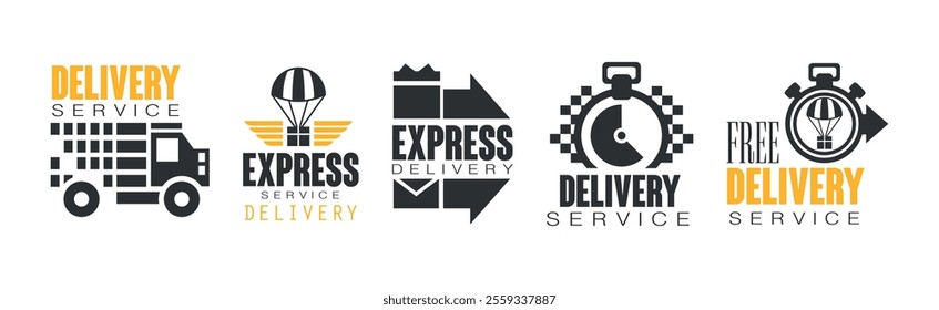 Delivery Service Label and Logo Black and Yellow Design Vector Set