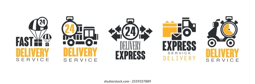 Delivery Service Label and Logo Black and Yellow Design Vector Set