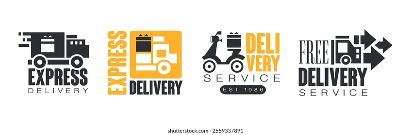 Delivery Service Label and Logo Black and Yellow Design Vector Set