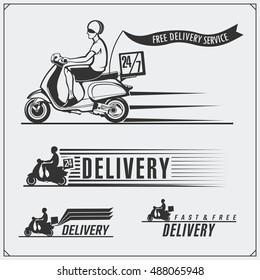 delivery Service labels, emblems, badges and design elements. 24 Hours food delivery. Vector monochrome Illustration. Vintage style.