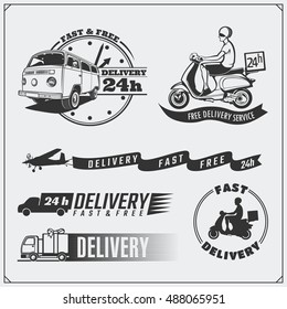 Delivery Service labels, emblems, badges and design elements. 24 Hours food delivery. Vector monochrome Illustration. Vintage style.