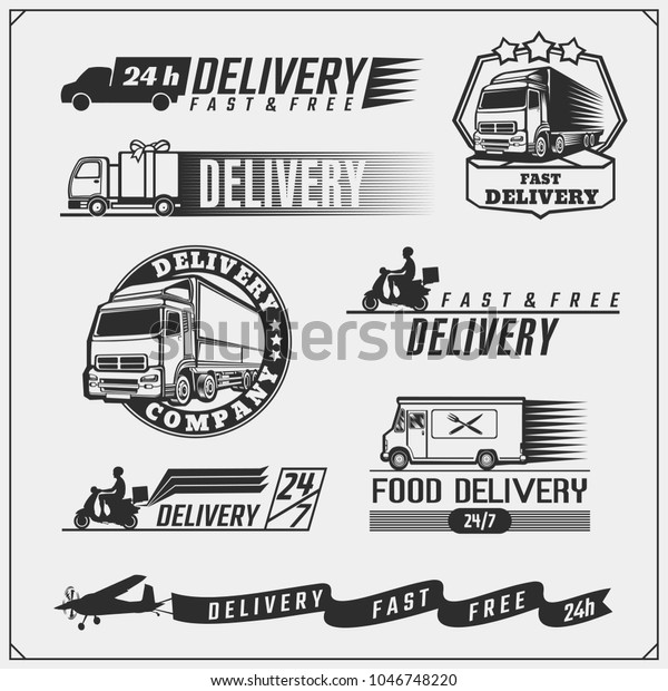 Delivery\
Service labels, emblems, badges and design elements. 24 Hours\
delivery. Vector monochrome Illustration.\
