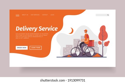 Delivery Service. Landing Page Banner Template. Flat Vector Illustration Of Cartoon Male In Uniform Of Delivery Company Riding Bicycle With Food In Box Late At Night