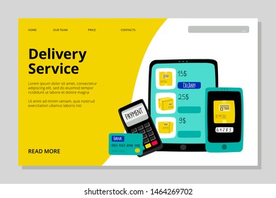 Delivery service landing page. Fast delivery, online payment vector banner template. Illustration of package delivery, fast service parcel
