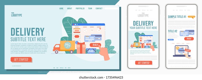 Zielseite des Lieferservice. Mobile Landing Page Vorlage für Unternehmen mit Express-Zustellung. Einfache Website-Schnittstelle für den Online-Bestellservice