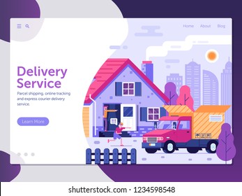 Delivery service landing page template with people receiving parcel in front of house. Shipping package concept banner with courier delivery van and opened cardboard box. Shipment illustration.