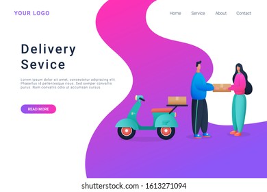 Delivery service landing page template. The courier delivers the package to the customer.