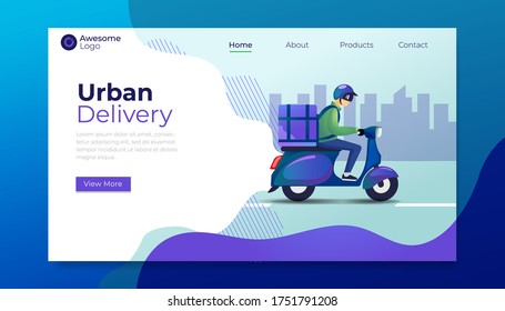 Delivery service landing page template. A man rides a scooter bike