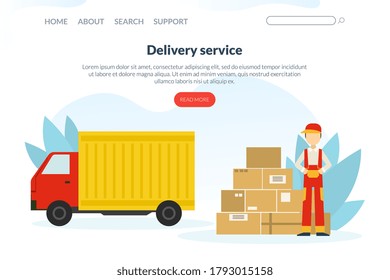 Delivery Service Landing Page Template, Delivery Truck with Cardboard Boxes and Male Courier, Homepage, Mobile App, Website Design Flat Vector Illustration