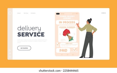Delivery Service Landing Page Template. Female Character Order Flowers in Internet. Woman Stand at Huge Smartphone Use Online Application for Buying Bouquet. Cartoon People Vector Illustration