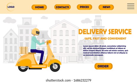 Delivery service landing page in vector design. Courier on motorcycle making fast delivery. Graphic background, template for web site, banner.Order service in flat design.Stylish and trend composition