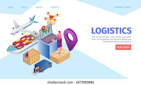 Delivery service landing page, vector illustration. Logistic business with box transportation online isometric concept. Transport at web site, truck shipping cargo for people template banner.