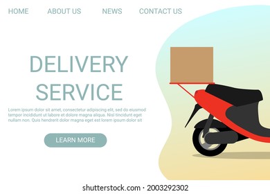 Delivery service. Landing page web template.   E-commerce concept. Motor scooter with a box. Vector illustration 