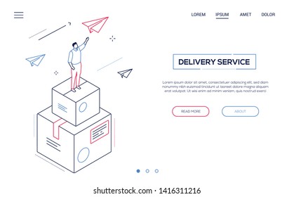 Delivery service - line design style isometric web banner on white background with copy space for text. A header with a man, male worker standing on cardboard boxes with paper plane. Logistics concept
