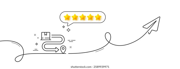 Delivery service line icon. Continuous line with share plane. Package location sign. Tracking parcel symbol. Five star rate review in speech bubble. Delivery service single line ribbon. Vector