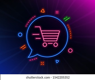 Delivery Service line icon. Neon laser lights. Shopping cart sign. Express Online buying. Supermarket basket symbol. Glow laser speech bubble. Neon lights chat bubble. Vector