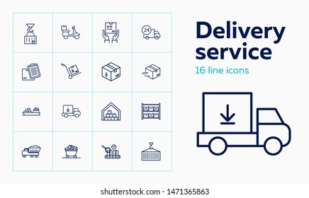 Delivery service line icon set. Loader, scooter, dump truck Transportation concept. Can be used for topics like postal service, shipping, industry