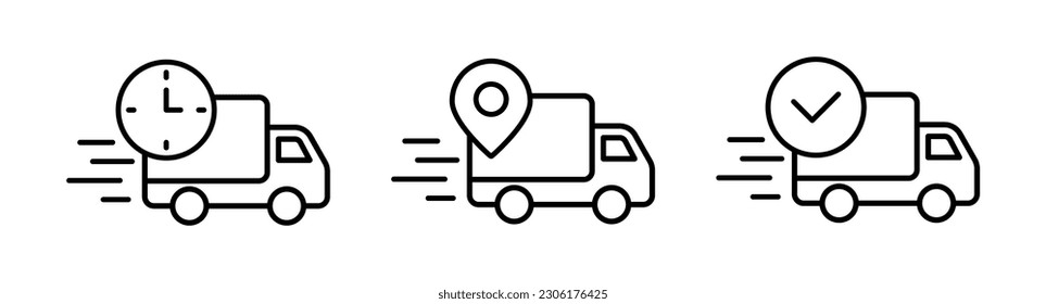 Delivery service line icons. Delivery truck. Logistics delivery flat icons set. Express delivery. Fast shipping. Shipment of goods, tracking, approved parcel.