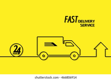 Delivery Service Line Style Drawn Vector Banner. Line Drawn Car And Home. Shipment Home To Home. 24 Hours.