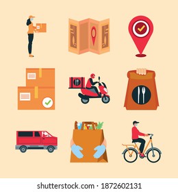 delivery service logistic worker box food and transport icons vector illustration