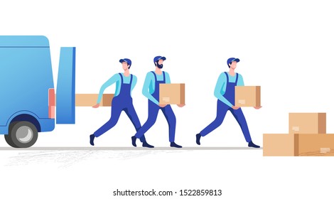 Delivery service and logistics. Movers unloading cardboard boxes from van. Vector illustration.