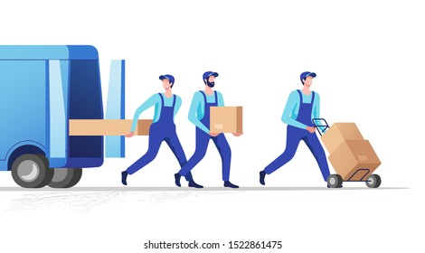 Delivery service and logistics. Movers unloading cardboard boxes from van. Vector illustration.