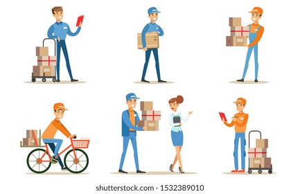 Delivery Service and Logistics Set, Couriers Characters Delivering Packages to Clients Vector Illustration