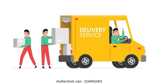 Delivery service and logistics. Workers unloading boxes from van.  Moving service. Flat style