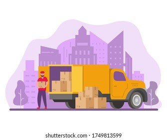 Delivery service and logistics.Mover unloading cardboard boxes from van.Man unloading box from truck.Courier with parcel. Skyline of skyscrapers.Vector flat.