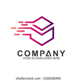 delivery service logo, box with fast movement shape in mono line style