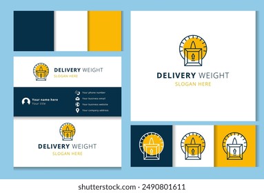 Delivery service logo concept featuring a scale weighing a cardboard box